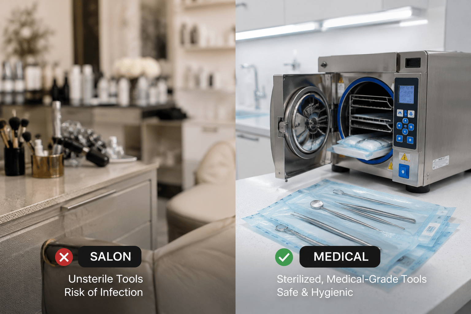 Perbedaan sterilisasi alat medis menggunakan autoclave vs pembersihan manual.