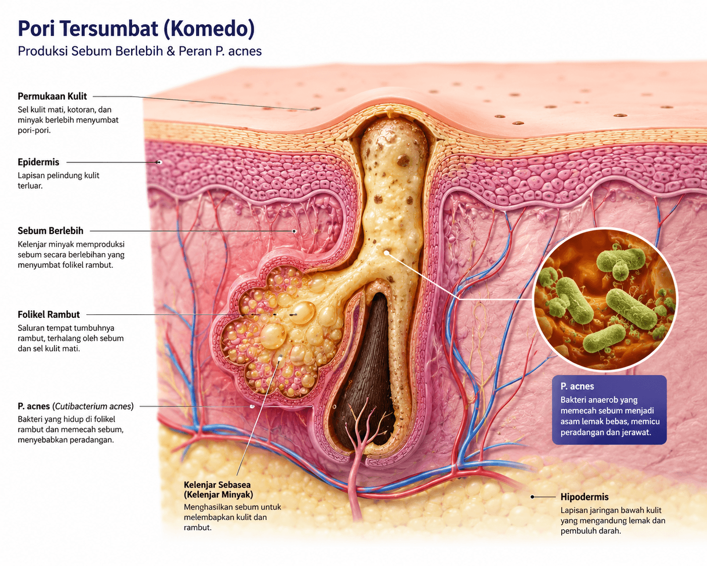 Ilustrasi medis proses penyumbatan pori-pori dan penyebab jerawat secara biologis.
