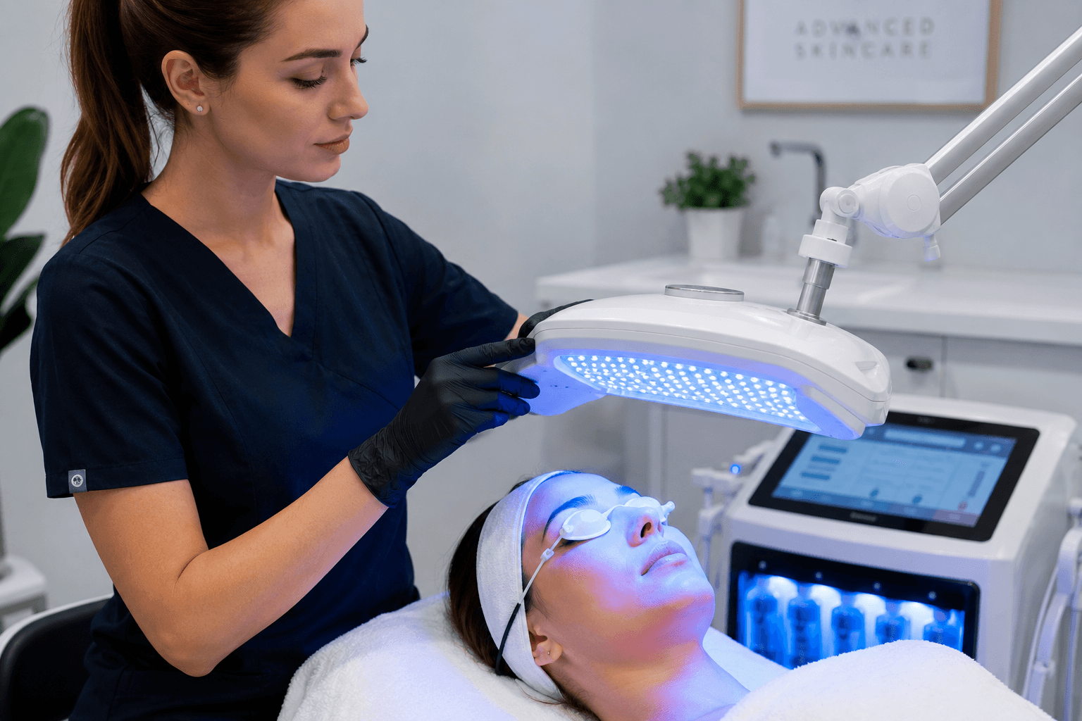 Prosedur Blue Light Therapy untuk membasmi bakteri penyebab jerawat di klinik kecantikan.